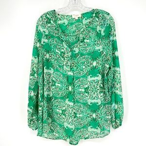 Umgee Green And White Paisley Long Sleeve Sheer Tunic V-Neck Size Medium
